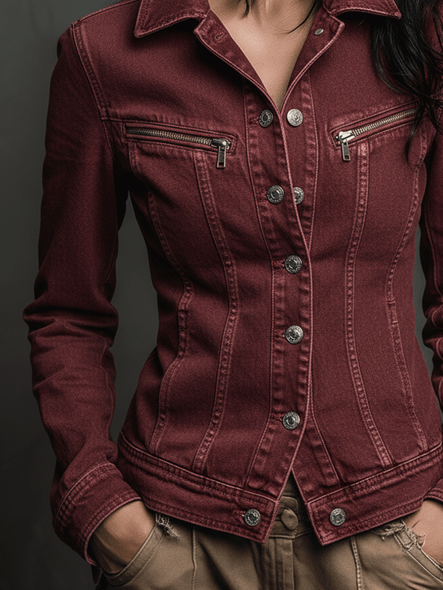 Vintage Burgundy Structured Denim Jacket