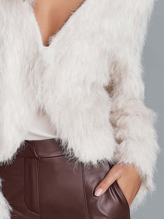 Soft Ivory Faux Fur Jacket With Cozy Feather Texture