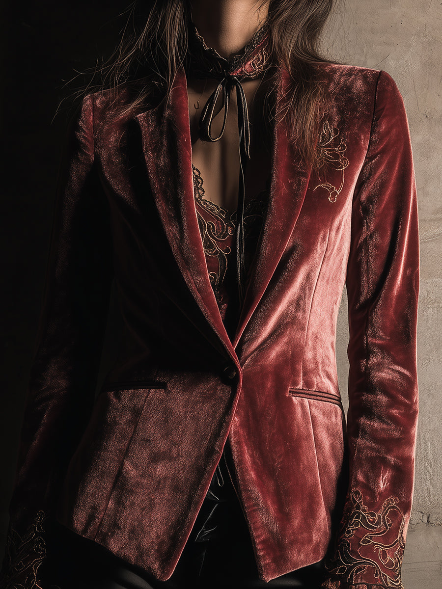 Quiet Luxury Embroidered Polyester Velvet Blazer