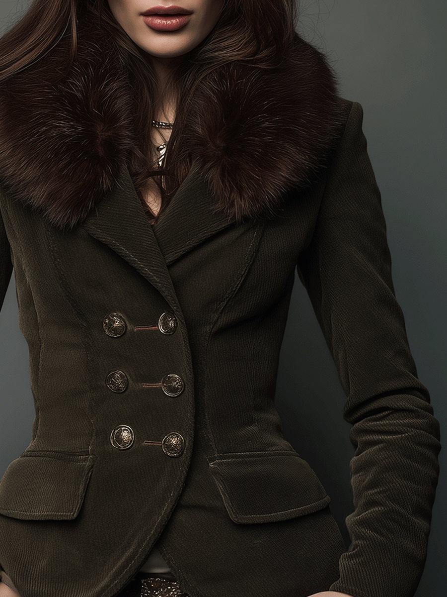 Boho Elegance Olive Velvet Fur-Trim Jacket