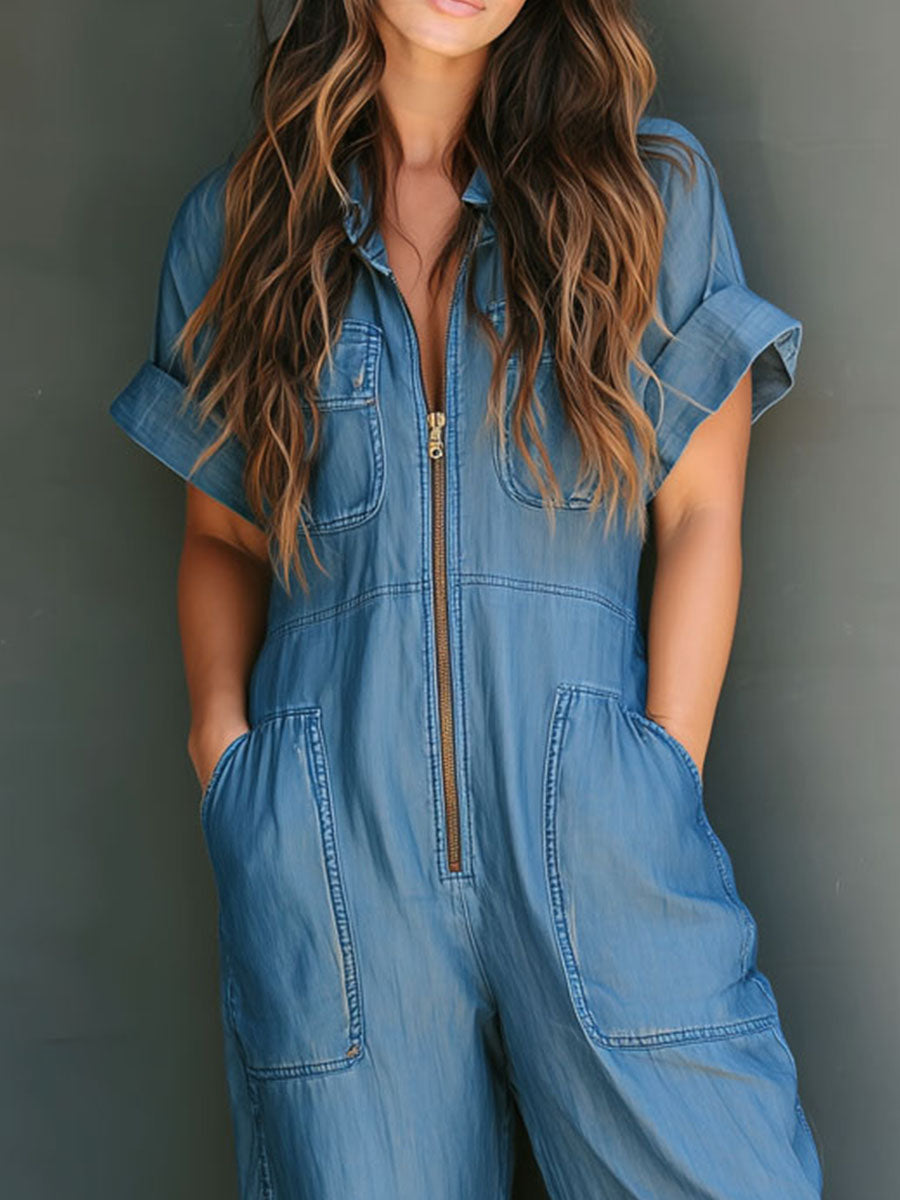 Boho Tencel Denim Utility Wide-Leg One-Piece Jumpsuit