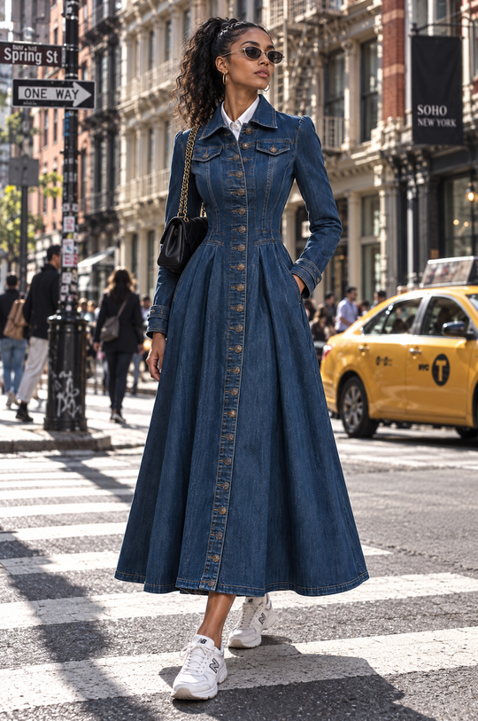 Retro Single-breasted Long Fitted Denim Trench Coat