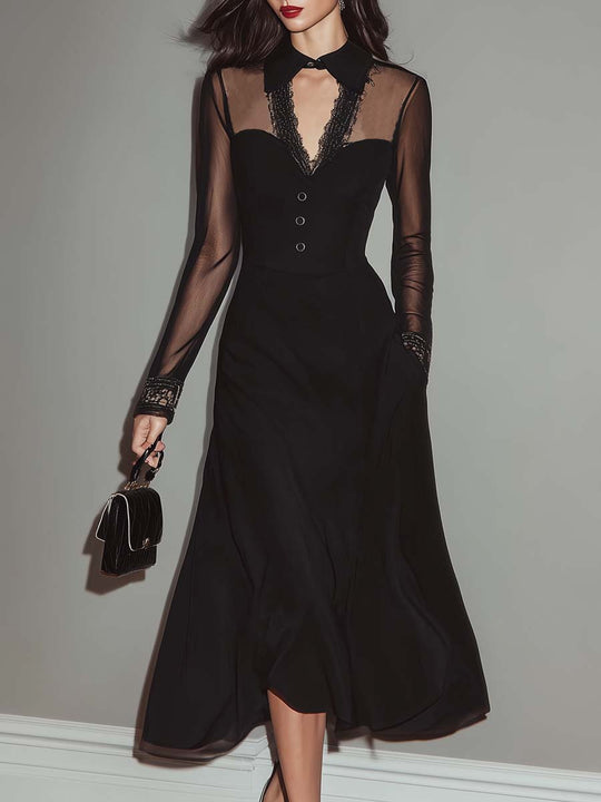 Retro Sheer Sleeves Lace Neck Midi Dress