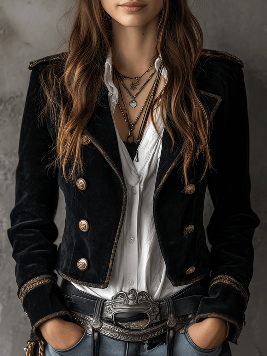Retro Black Velvet Military Gold Button Detailing Blazer