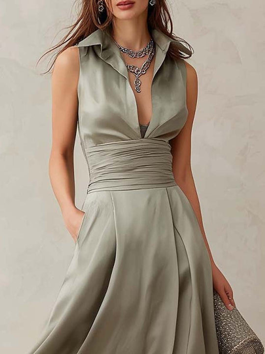Elegant Retro Ruched-Waist A-Line Midi Dress