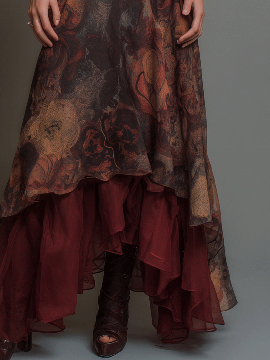 Vintage Blue Floral High-Low Boho Skirt