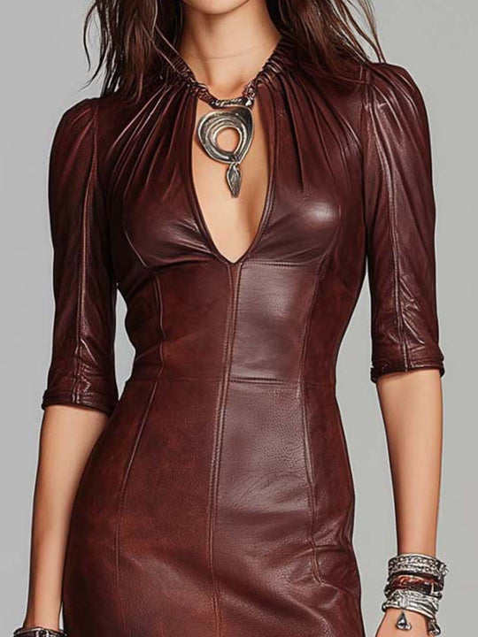 Sculpted Eco-Leather Keyhole Midi Dress – Spiced Apple