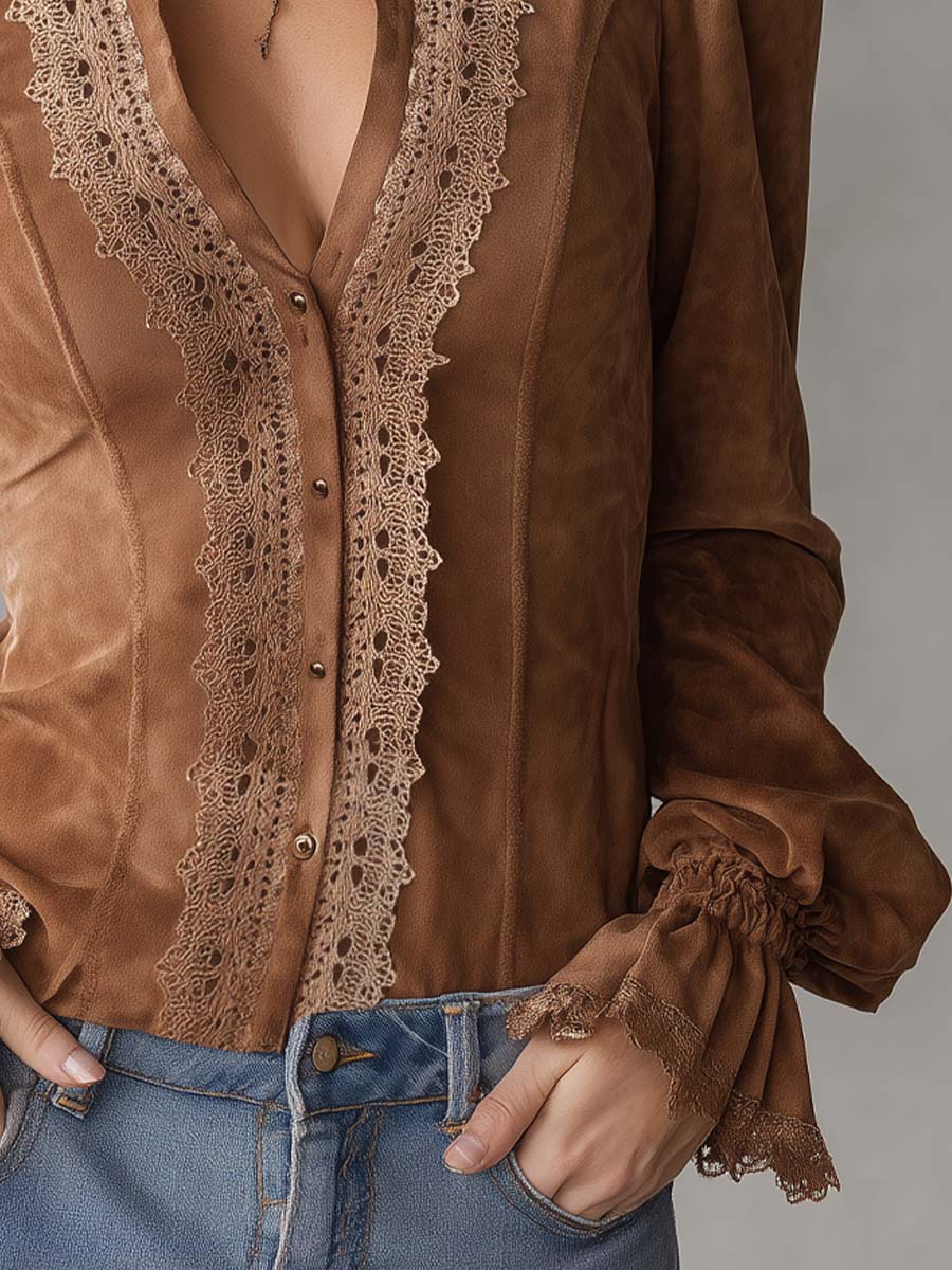Vintage Lace Placket Polyester Suede Blouse