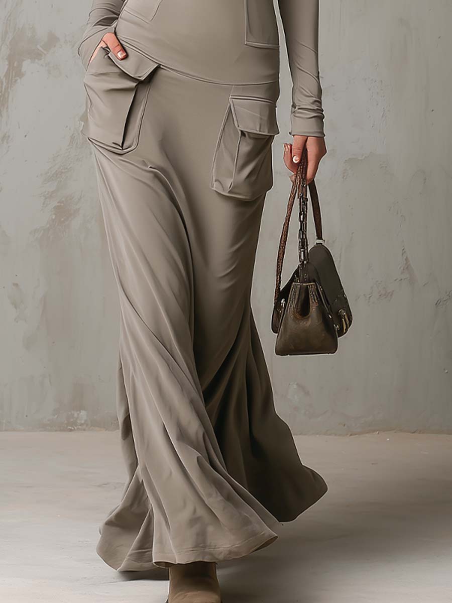 Retro High-neck Flap Pocket Maxi Dress