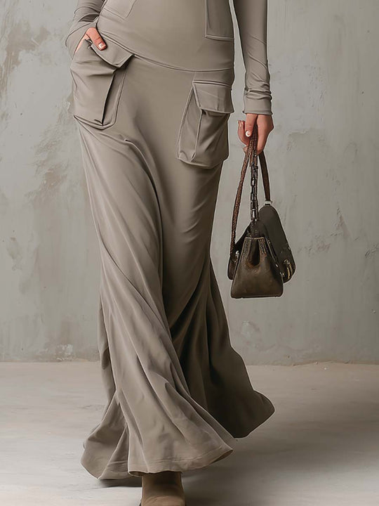Retro High-neck Flap Pocket Maxi Dress