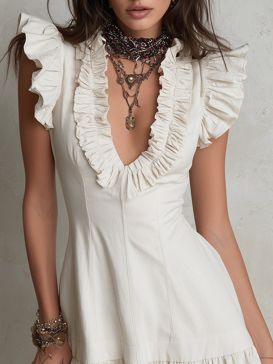 Retro Ruffled Trim Short-sleeved Cotton A-line Mini Dress