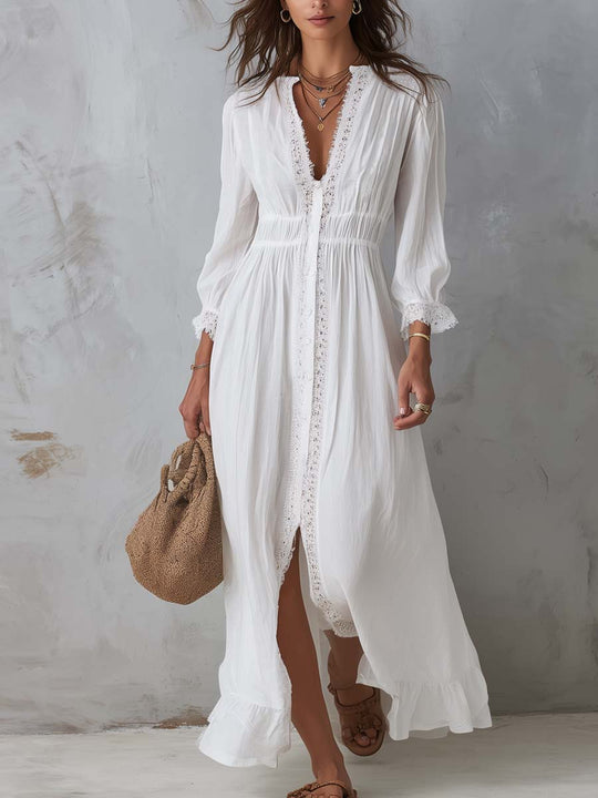 Vintage Cotton Linen Lace-trimmed Shirt Midi Dress
