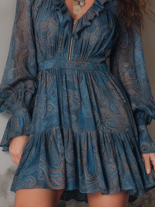 Bohemian Ruffled Neckline Paisley Pattern Chiffon Front Zip Mini Dress