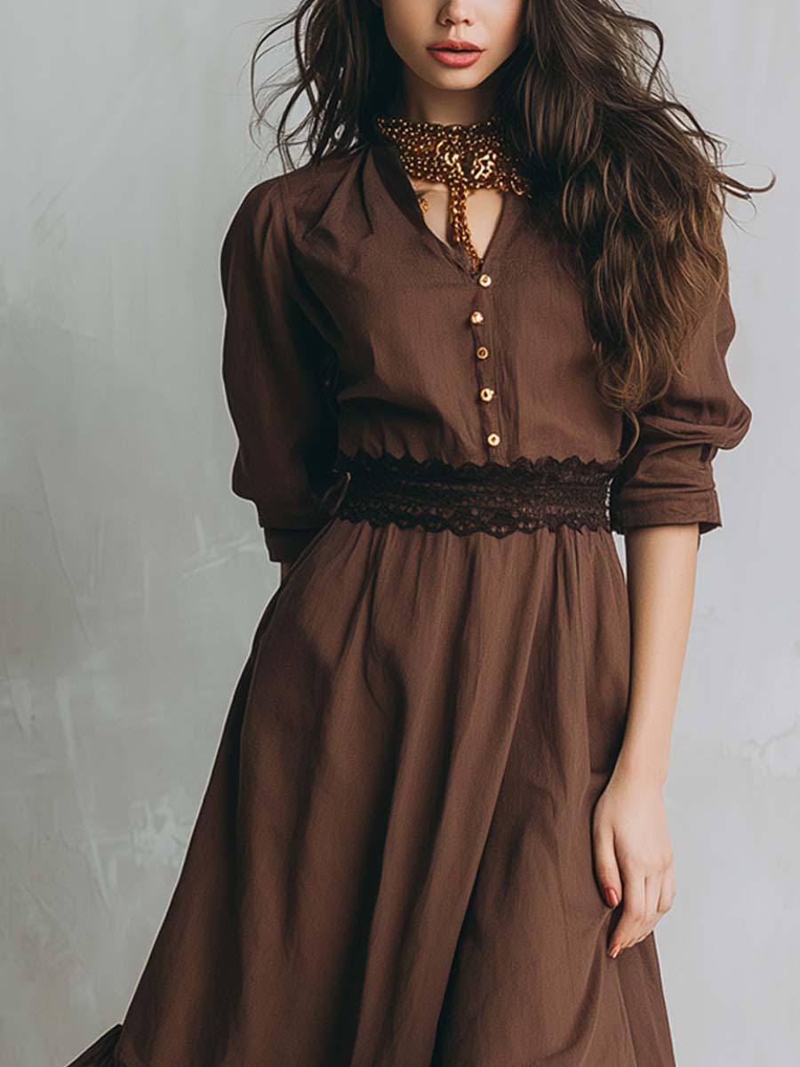 Retro Cotton Linen Color-blocked Lace-trimmed Midi Dress