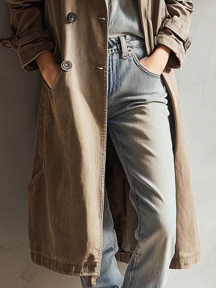 Washed Olive Pure-Cotton Denim Trench Coat