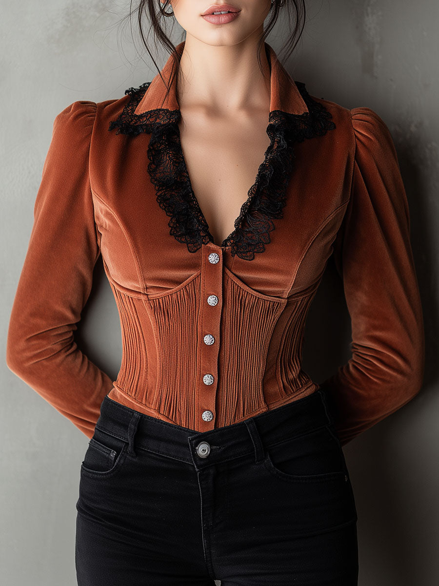 Elegant Terracotta Velvet Lace-Trim Corset Blouse