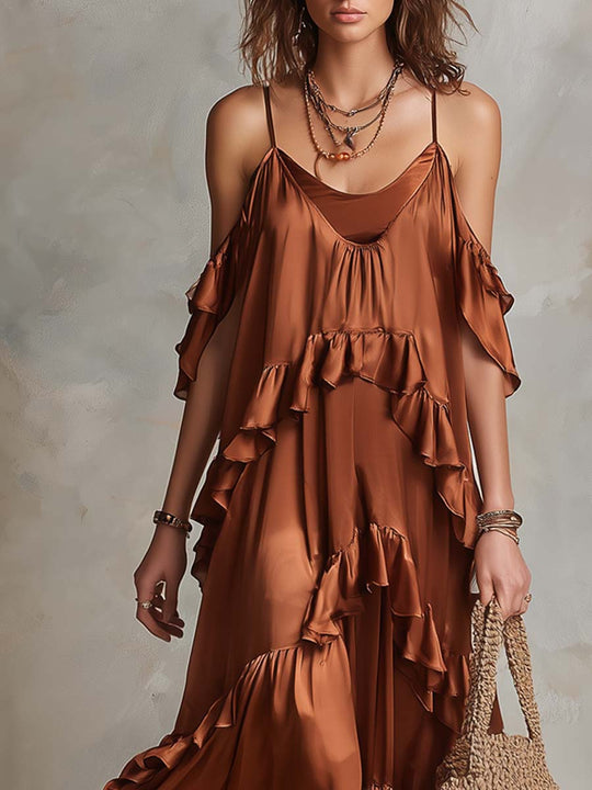 Retro Cold-shoulder Layered Ruffle Polyester Satin Midi Dress