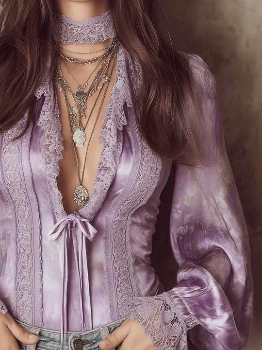 Romantic Boho Satin Tie-Front Bell-Sleeve Blouse