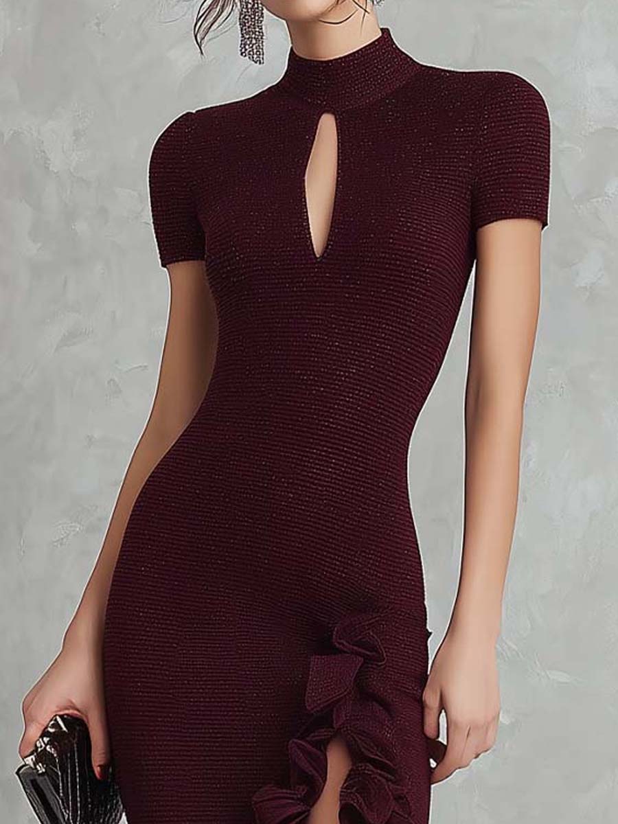Burgundy Ribbed Knit Ruffle Slit Midi Dress