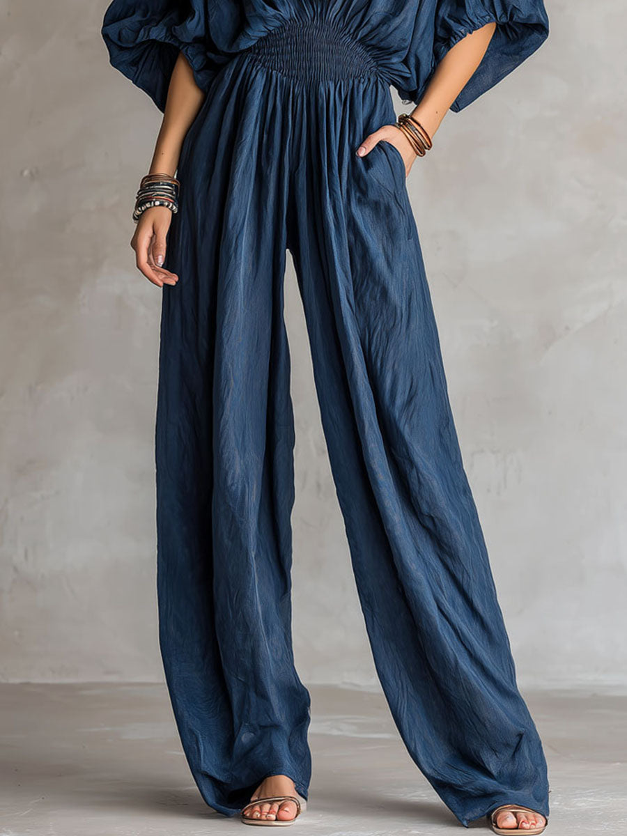 Bohemian Indigo Smocked Waist Jumpsuit
