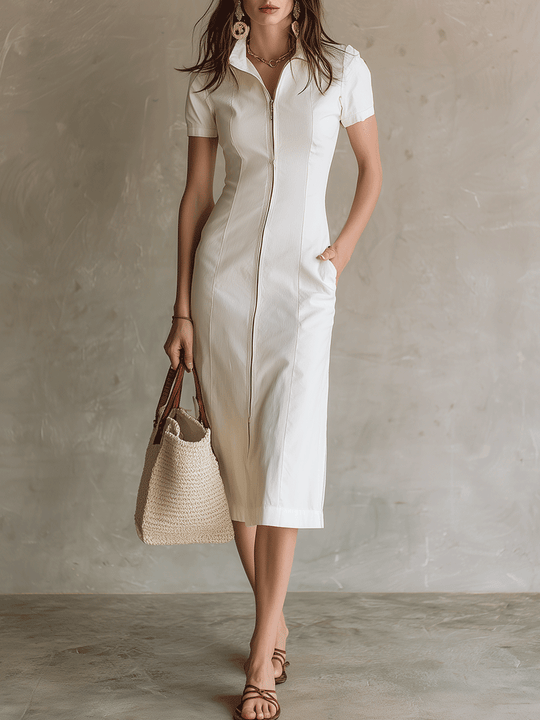 Minimal Fitted White Zip-Front Midi Dress