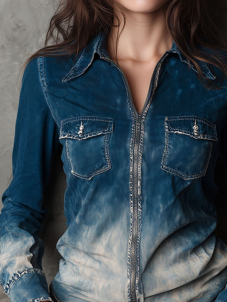 Indigo Faded Gradient Wash & Contrast Stitch Denim Zip Shirt
