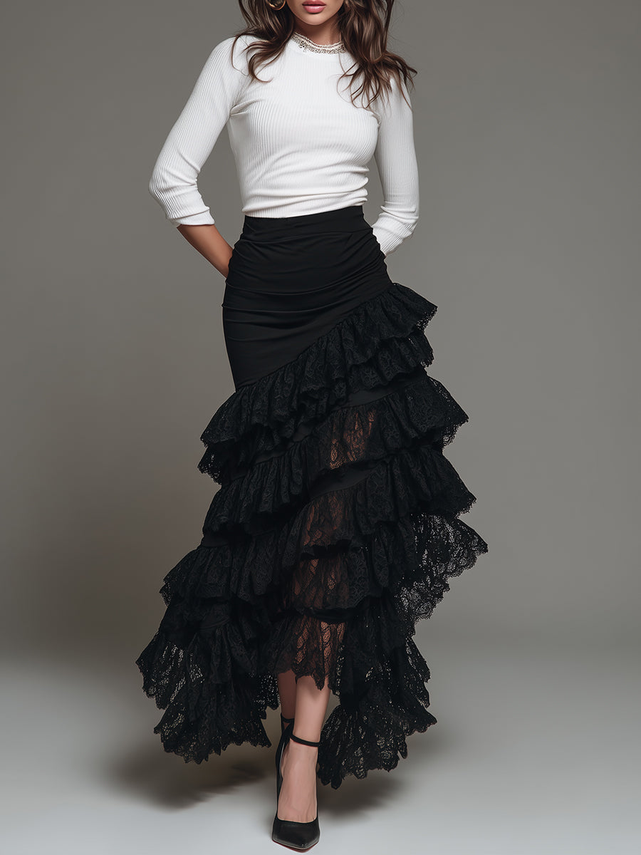 Elegant Multi-layered Ruffled Lace Long Skirt