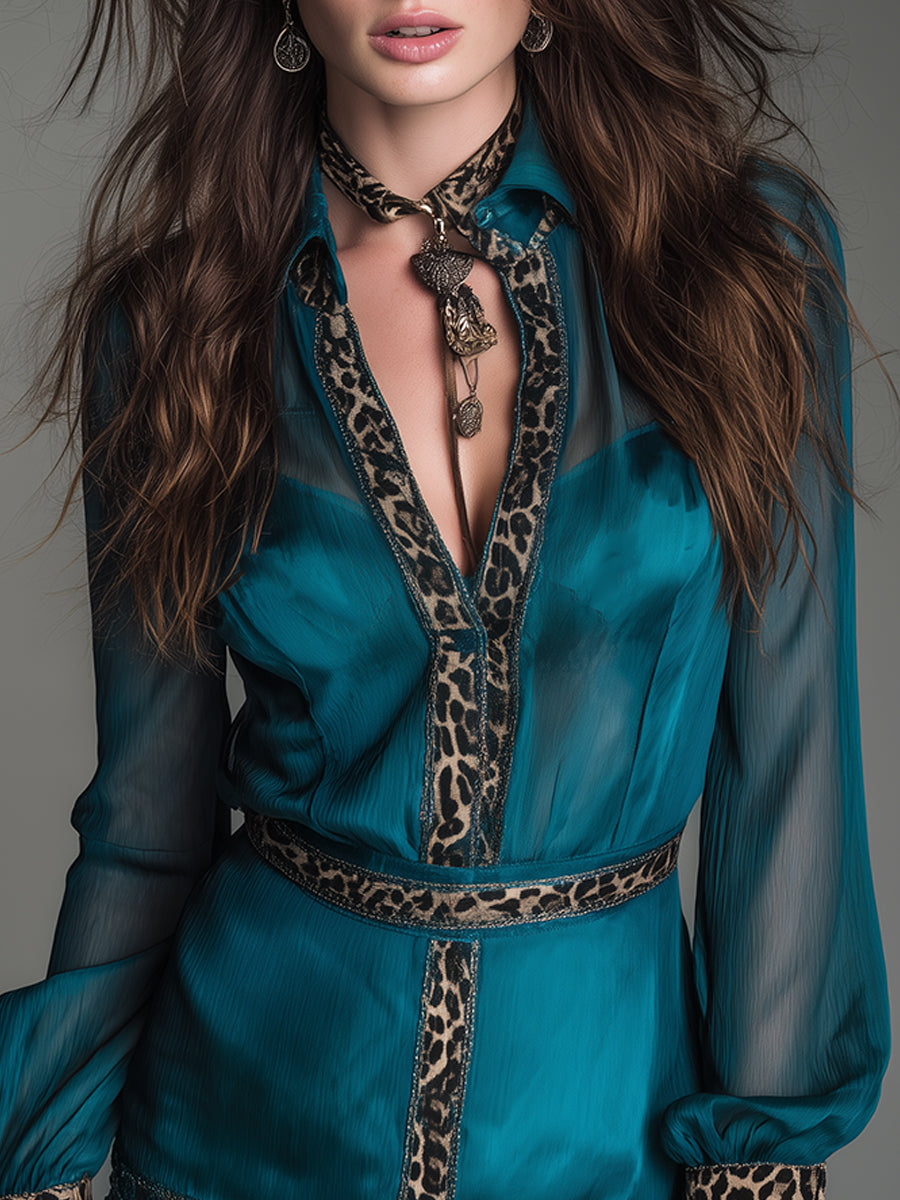 Elegant Chiffon Short Dress With Leopard Print Trim