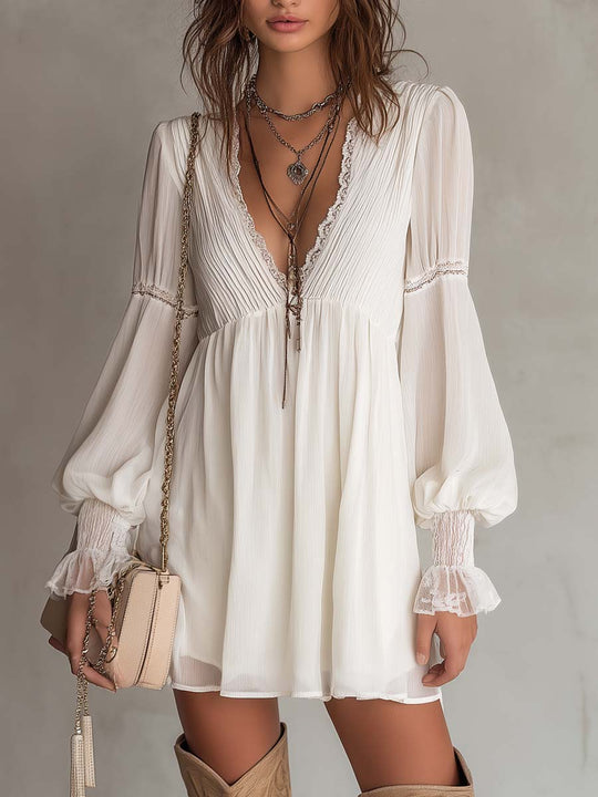 Retro Pleated-Bust Chiffon Mini Dress