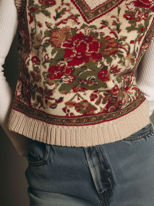 Vintage Cream And Burgundy Rose Pattern Knit Sleeveless Sweater