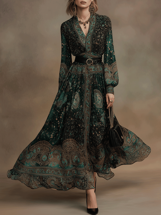 Vintage Bohemian Emerald Boho Paisley Maxi Dress