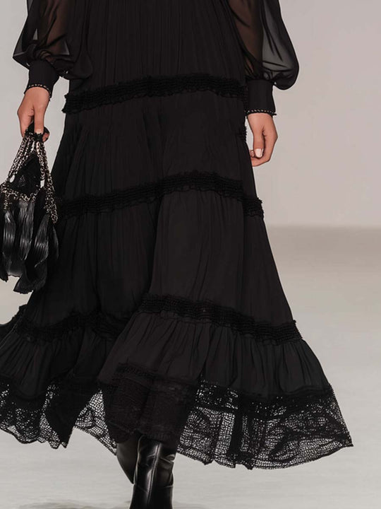 Vintage-style Henley Collar Sheer Sleeves Lace Trim Midi Dress