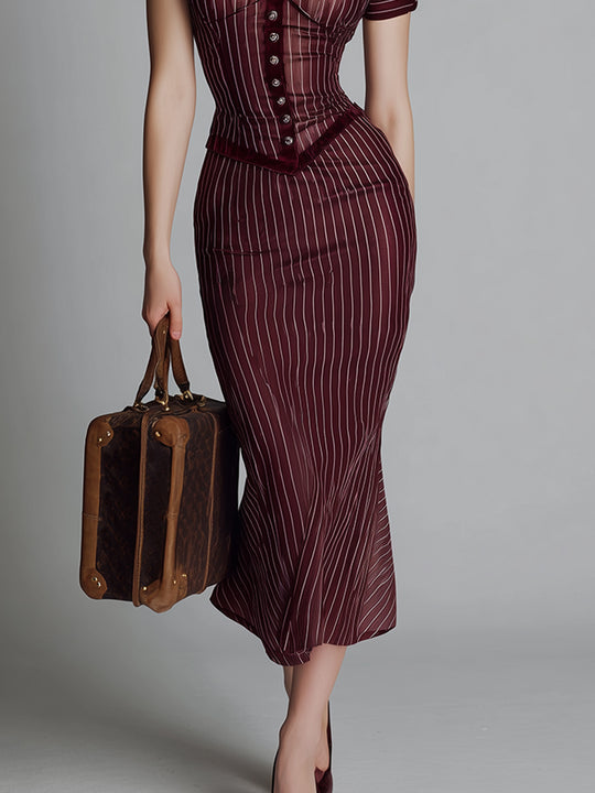 Elegant Striped Slim Fit Satin Short Sleeve Midi Dress