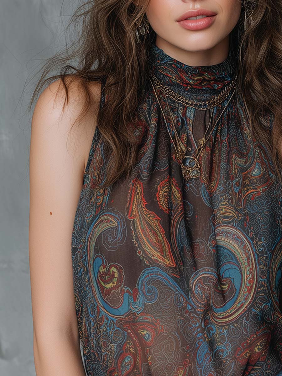 Vintage Pleated Collar Paisley Sleeveless Tank Top