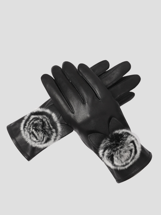 Elegant Fur ball Fleece-lined Touchscreen Sheepskin Gloves