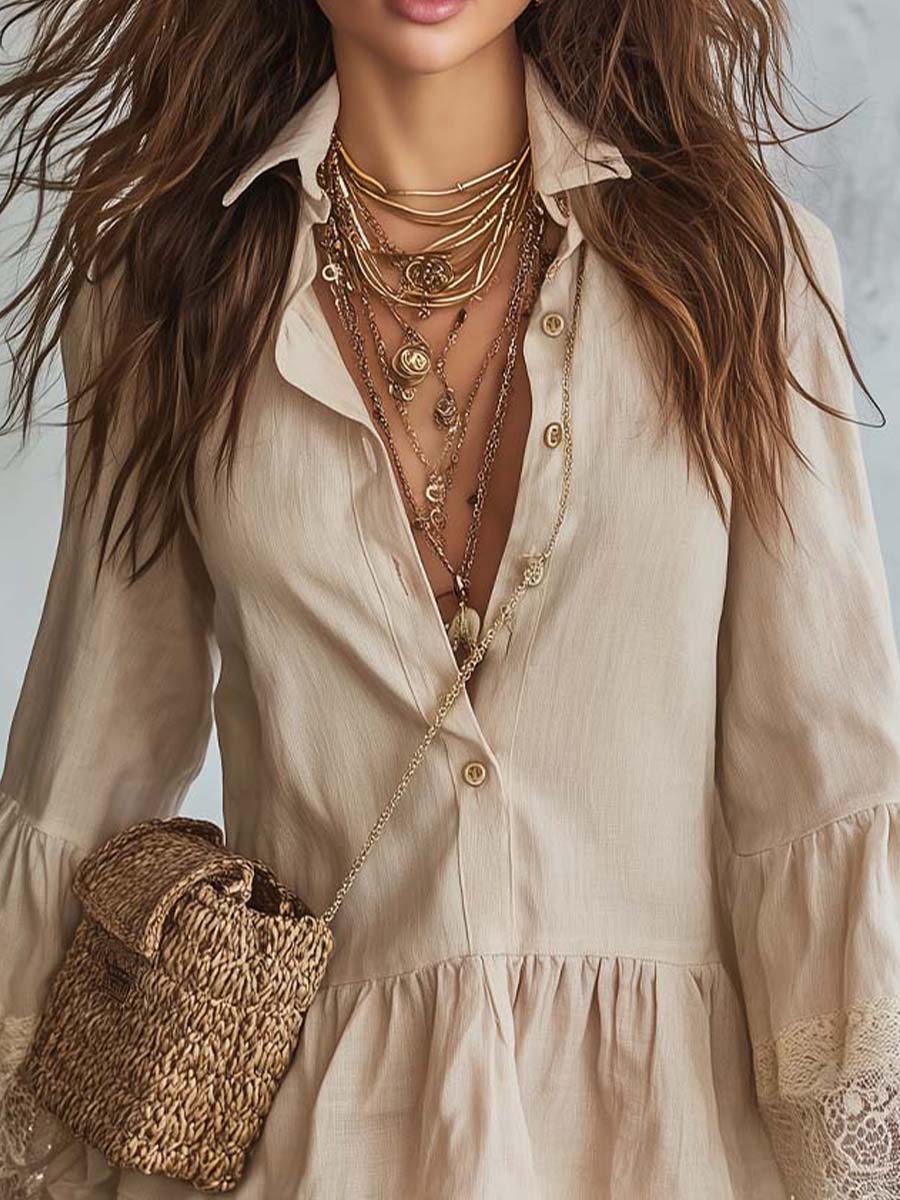 Vintage Boho Lace Trim Cotton Linen Mini Dress