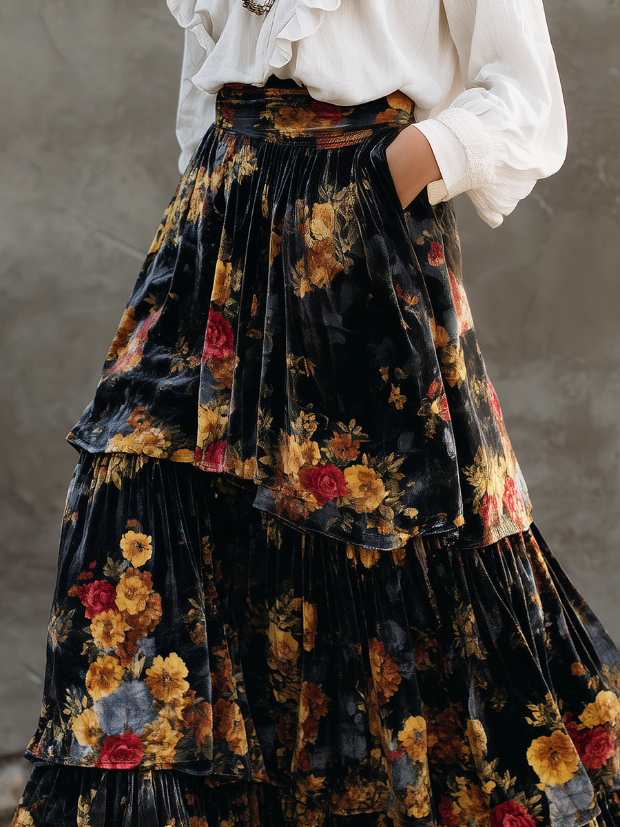 Retro Polyester Velvet Oil Painting Printed Multi-layered Ruffle Hem Maxi Skirt