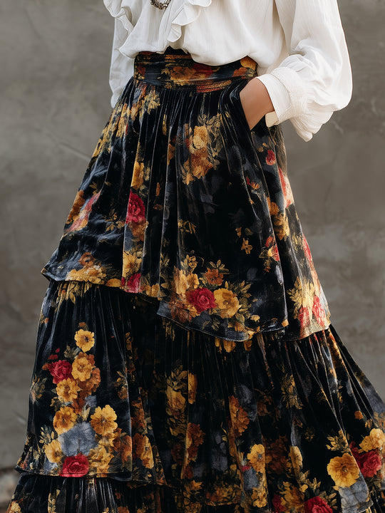 Retro Polyester Velvet Oil Painting Printed Multi-layered Ruffle Hem Maxi Skirt