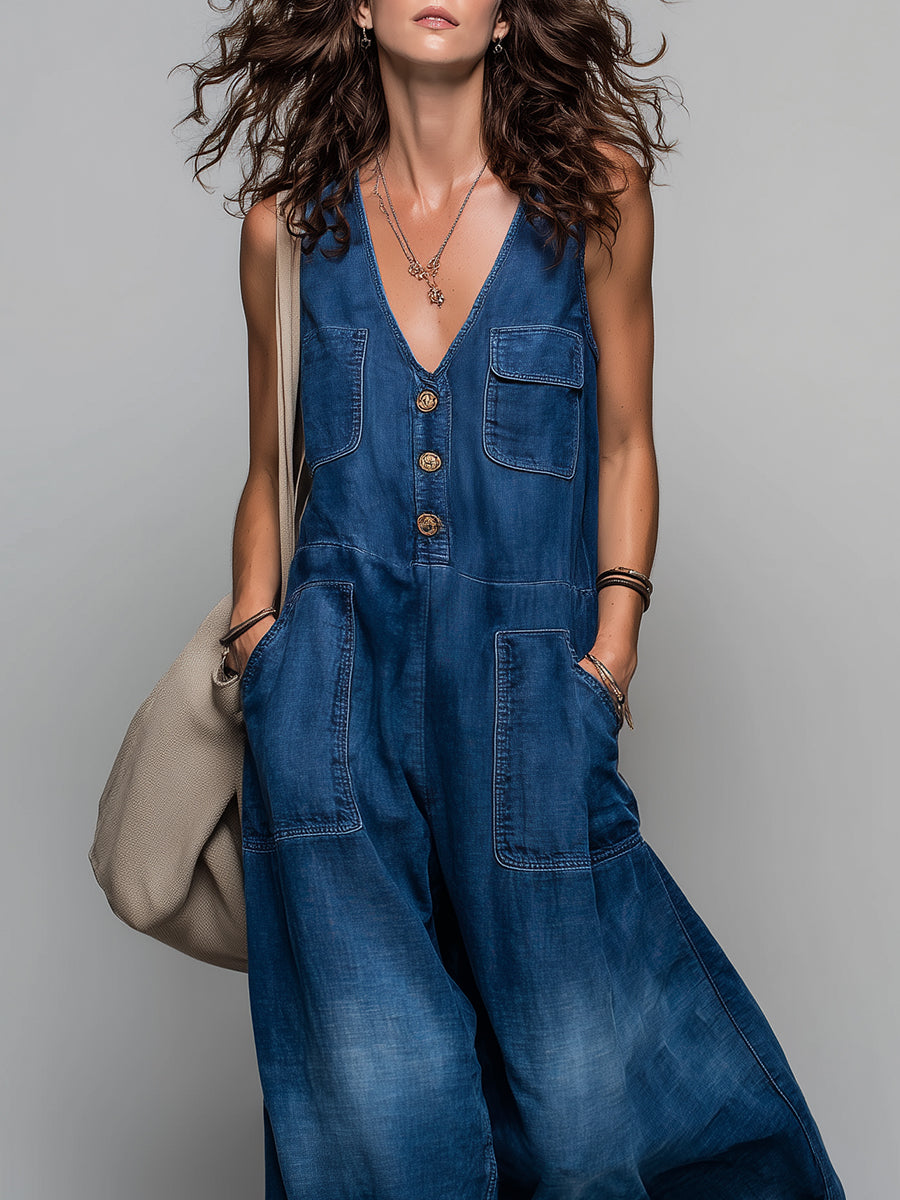 Vintage Washed Patch Pocket Sleeveless Denim Jumpsuit
