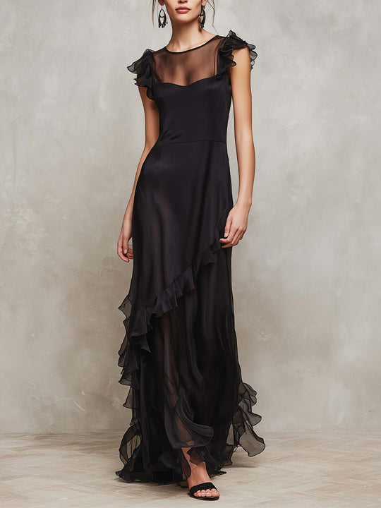 Sheer Ruffle-Trim Asymmetric Maxi Dress