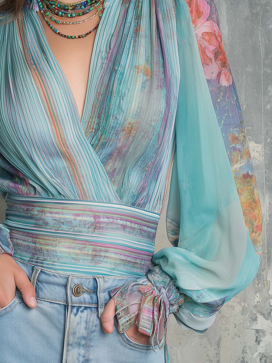 Bohemian Vintage Pleated Chiffon Wrap Blouse