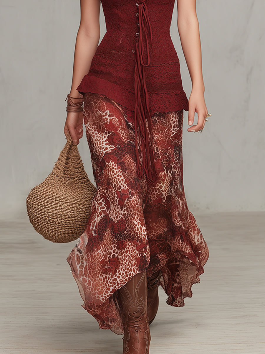 Elegant Lace Splicing Leopard Print Maxi Dress