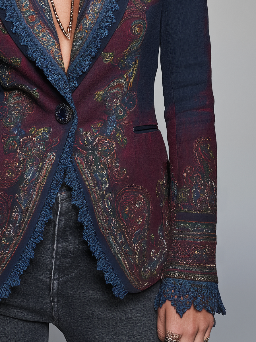 Bohemian Navy Blue Paisley Print Lace-Trim Blazer