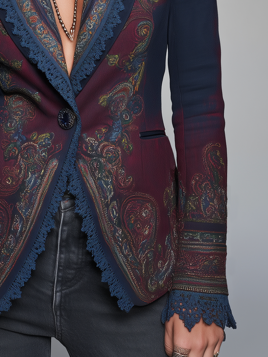 Bohemian Navy Blue Paisley Print Lace-Trim Blazer