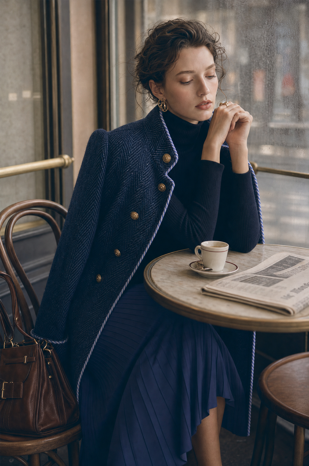 Herringbone Wool Double-Breasted Long Coat with Contrast Piping