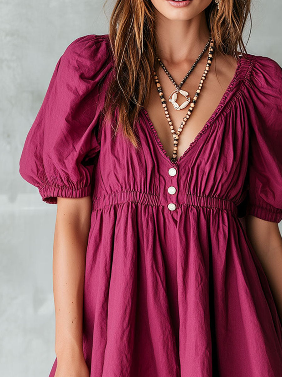 Boho Fuchsia Puff Short Sleeve V-Neck Ruffled Mini Dress