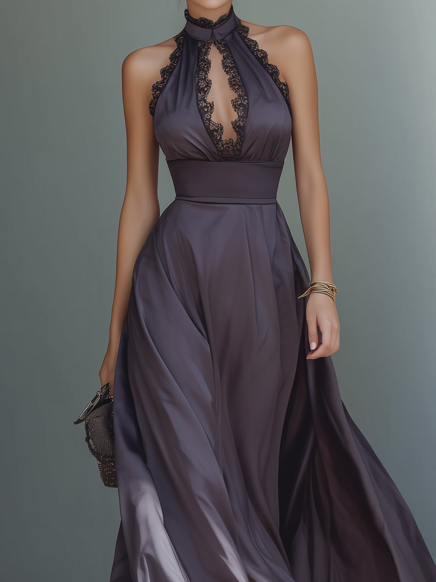 Elegant Keyhole Collar Satin Gown Maxi Dress