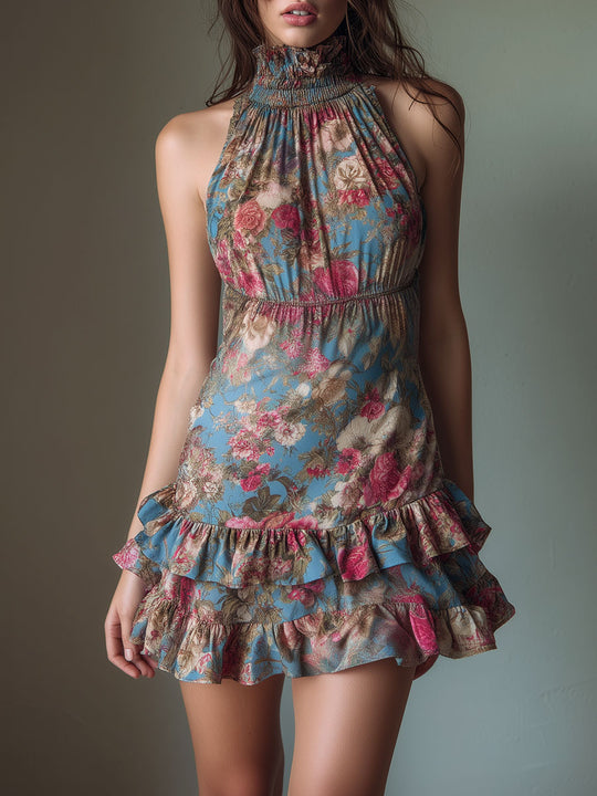 Romantic High Neck Floral Ruffled Halter Mini Dress