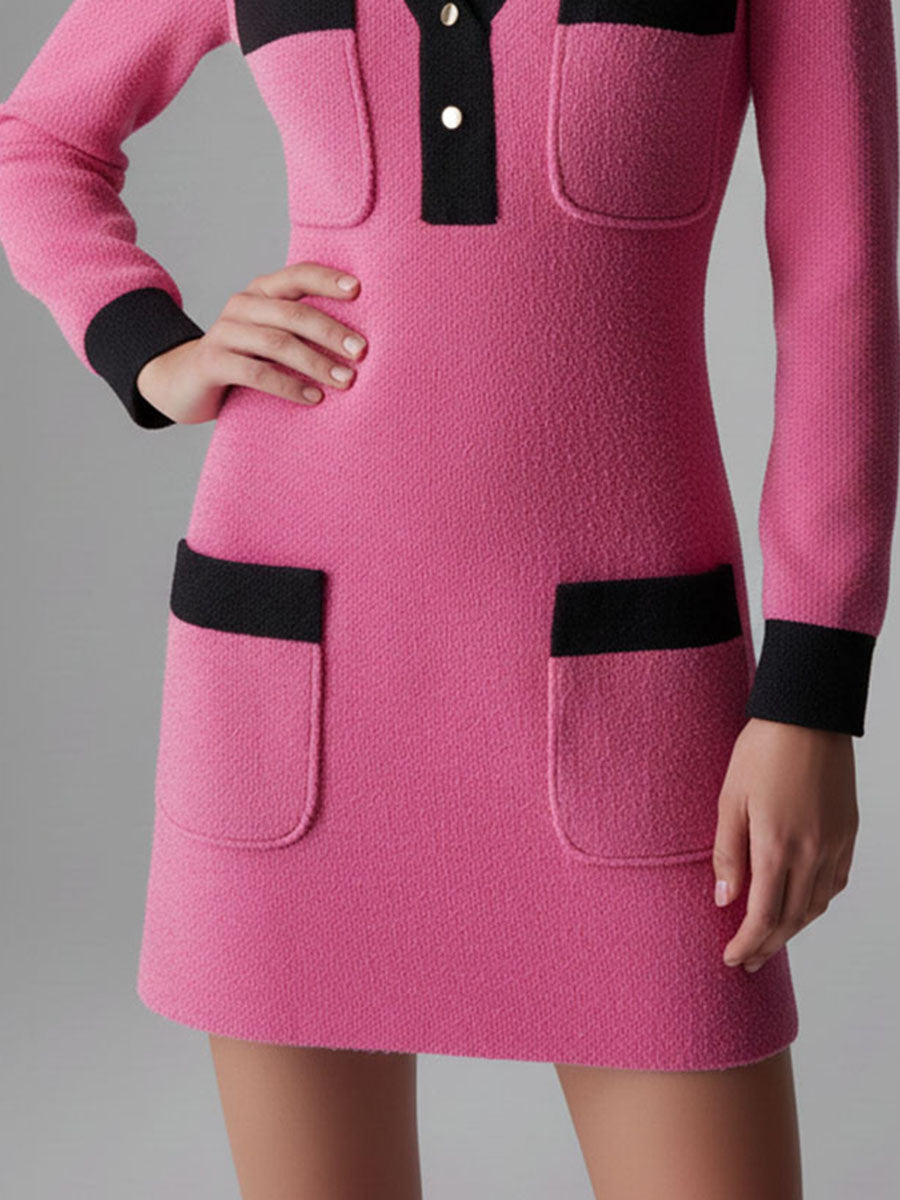 Retro-Chic Pink Contrast Trim Knit Mini Dress