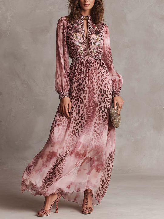 Pink Floral Leopard Chiffon Maxi Dress